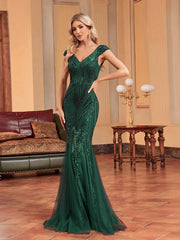 Formal attire Dresses: Sleeveless Green Sequin Formal Evening Dress Women