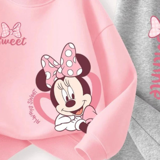 DISNEY Spring Autumn Children's Pullover Sets Minnie Print Girls Clothing Sets Breathable Thin Kids Sweatshirt Pant 2pcs Suit