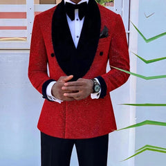 Glitter Red Sequins Mens Suits Groom Wedding Tuxedo Double Breasted Blazer