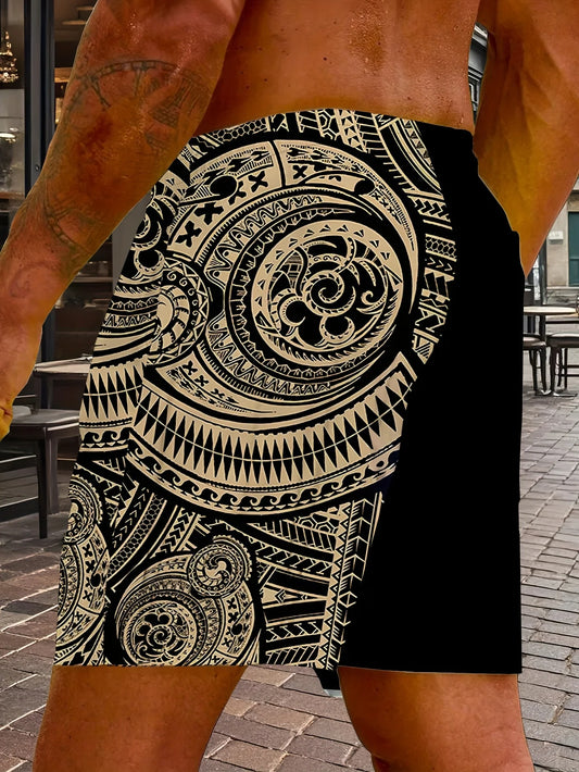 Ethnic Style Summer Men's Board Shorts Retro Print Vacation Drawstring Swim Surf Shorts 3D Print Fashion Breathable Short Pants
