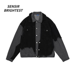 American High Street Washed Gray-black Stitching Pierced Denim Jacket