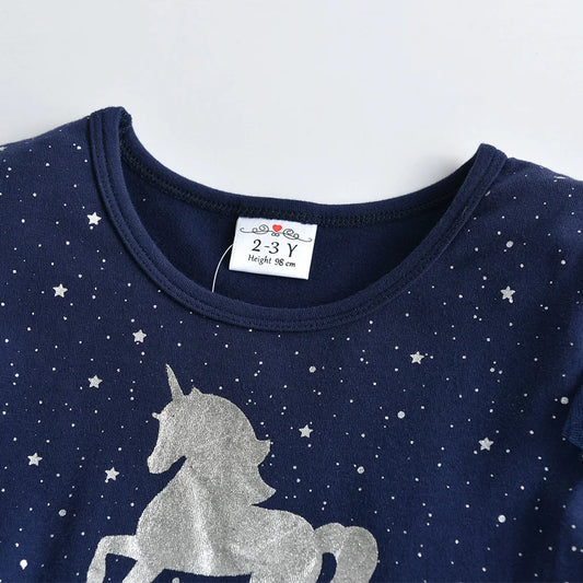 Kids Flare Sleeve Autumn Spring Dress Girls Licorne Cartoon Dress