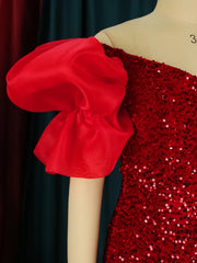 Homecoming Dresses: Off Shoulder Fluffy Sleeve High Slit Velvet Robes Big Size