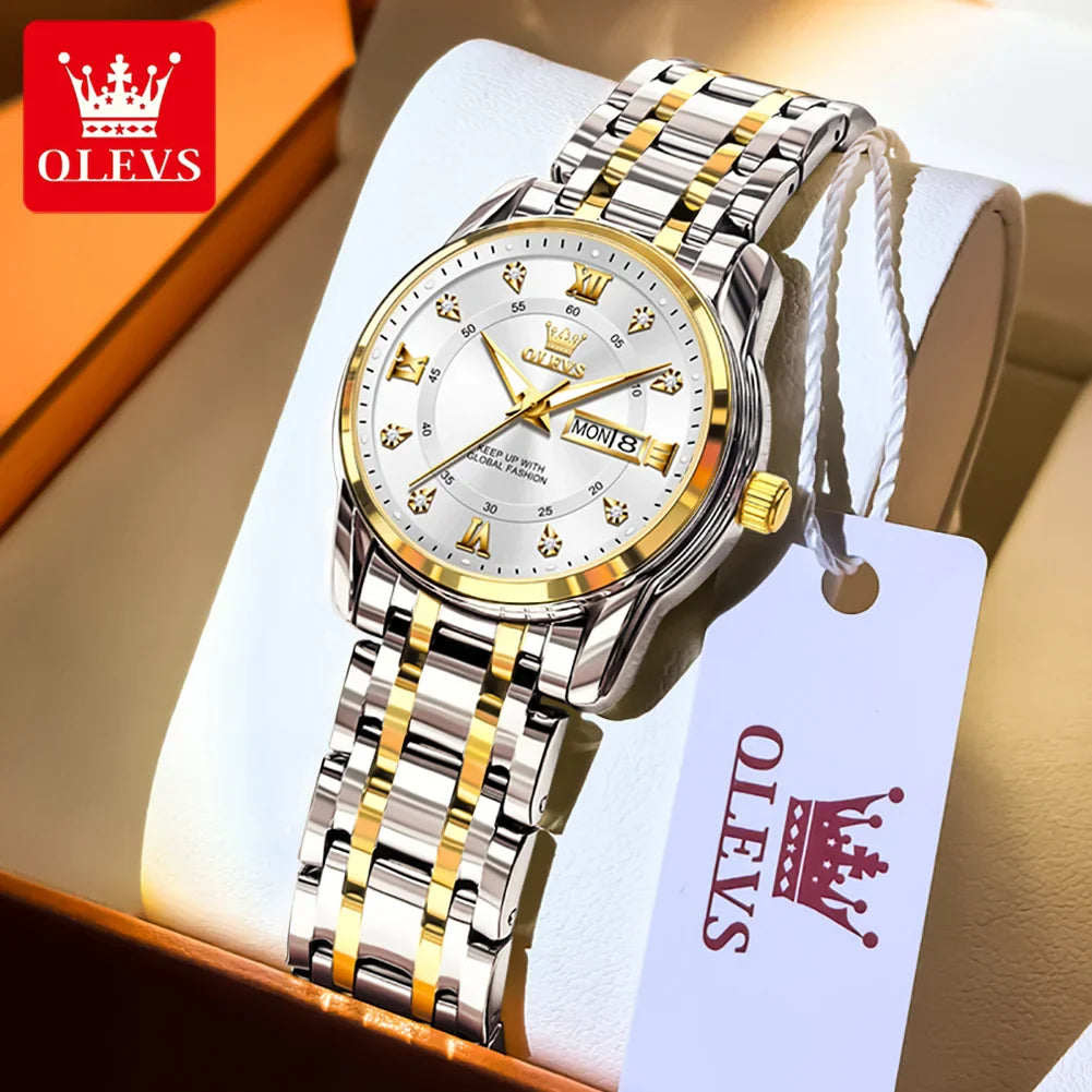 OLEVS 5513 Quartz Watch for Women Diamond Scale Dual Calendar Stainless Steel Strap Waterproof Watch Elegant Ladies Wristwatches