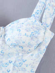 Women Retro Slit V neck Corset Tie Bow Strap Sling Dress Floral Print Chiffon Wood
