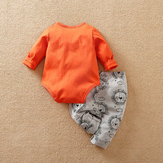 Animal - Orange lion print long sleeve with pants cotton fashion set,0-18 months Newborn Baby boy Spring and Autumn Round Neck