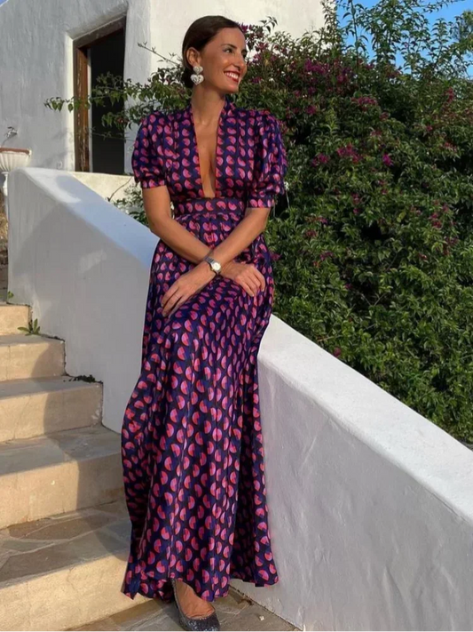 Formal attire Dresses: Deep V-neck Printed Loose Long Dress Women Short Puff Sleeve