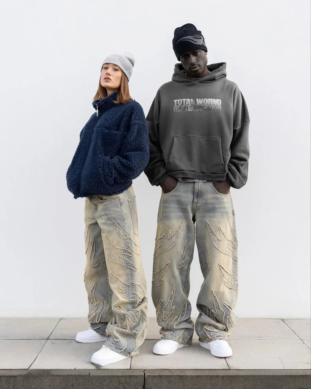 Ripped Raw Edge Embroidered Denim Trousers Retro Harajuku Baggy Jeans Y2k