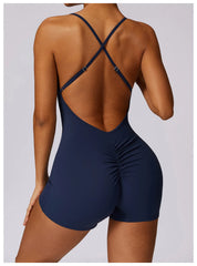 Women Fitness Jumpsuit Running Workout One Piece Yoga Suit Scrunch Butt Shorts
