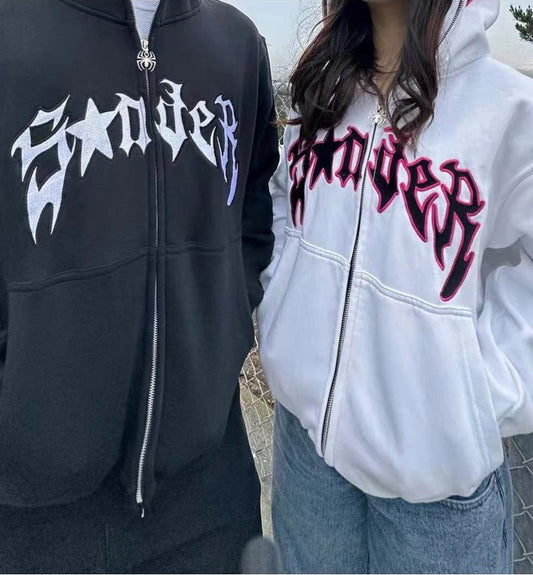 Y2k Men Spider Print Hoodies Women Hip Hop Zip Up Long Sleeve Jacket Coats