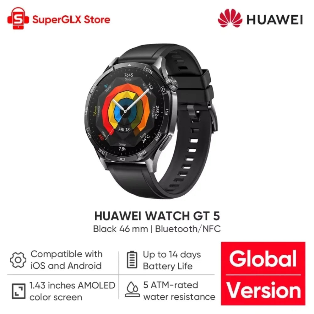 Global Version HUAWEI WATCH GT 5 Smartwatch AMOLED Screen 41mm/46mm Buit-in Map Replay Message Compatible with iOS and Android
