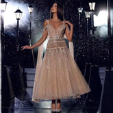 Homecoming Dresses: A-Line Midi Straps Cape Sleeves Beaded Evening Dresses Gowns