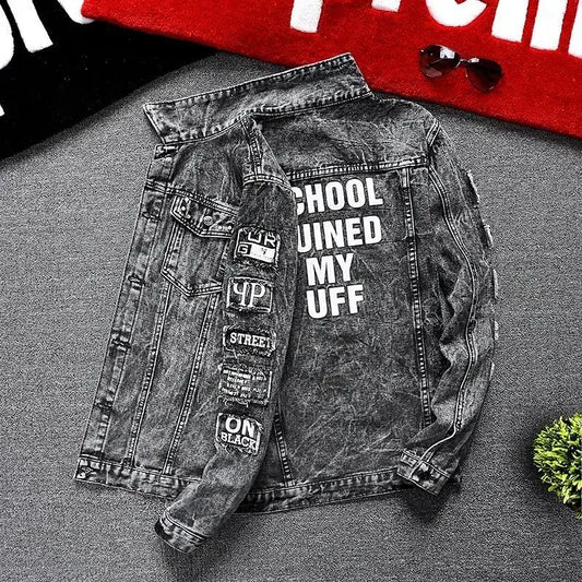 Jeans Coat for Men Hip Hop with Print Ripped Button Black Hole Denim Jackets