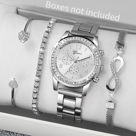 4PCS/Set Women's Watch Fashion Rhinestone Arabic Dial Steel Band Quartz Watches Bracelets Set(Without Box)
