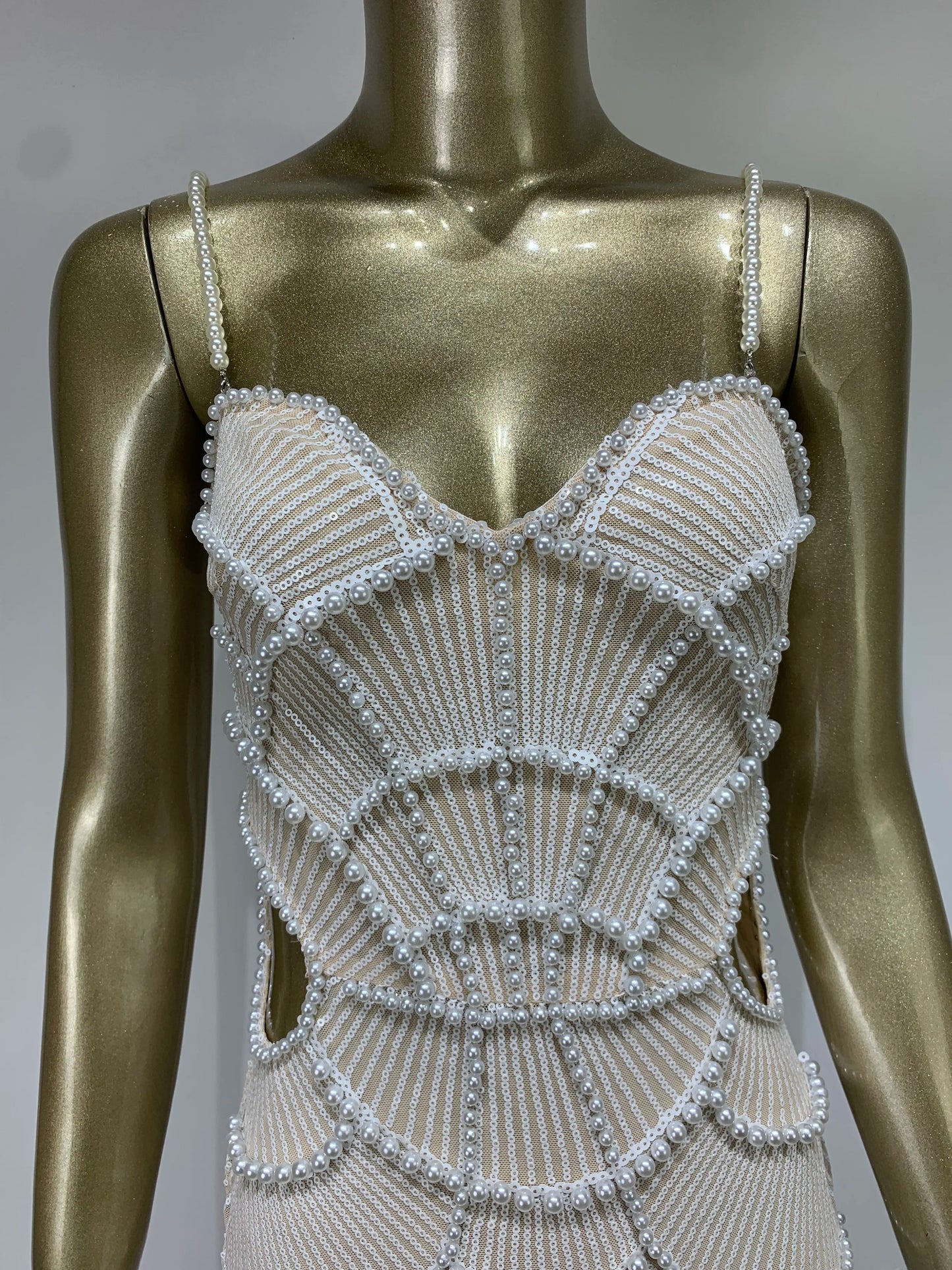Evening Dresses: Women Luxury V Neck White Pearl Beading Cut Out Maxi Long