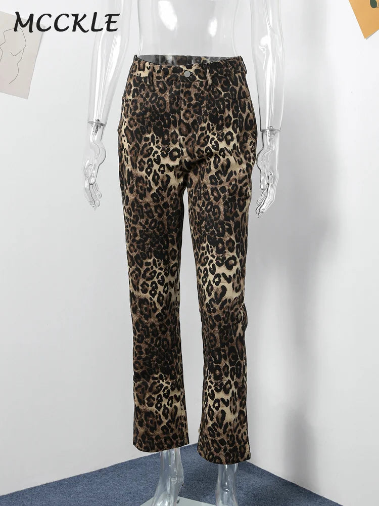Leopard Print Jeans Trousers Women Elegant Slim Button Zipper Pencil Pants