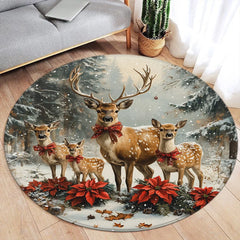 Pink Floral Christmas Tree Round Carpet Green Pine Branch Bowknot New Year Xmas