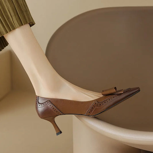 Women Pumps Split Leather High Heels Square Toe Thin Heel
