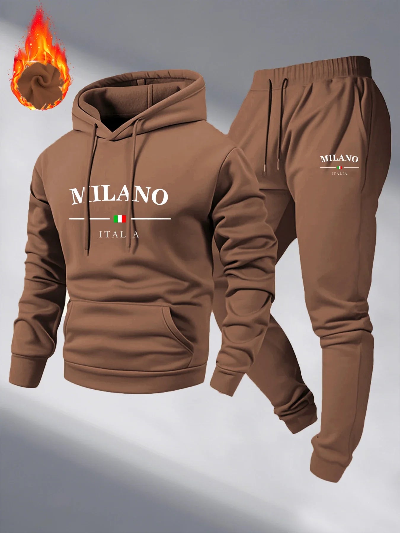 Men's Fleece Warm Hoodies Sets MILANO Printing Tracksuit Hooded Sweatshirt + Drawstring Pants Sportswear Two-piece suit
