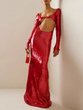 Evening Dresses: Long Sleeve Shiny Sequins Maxi Slim Dress Women Red Cut Out