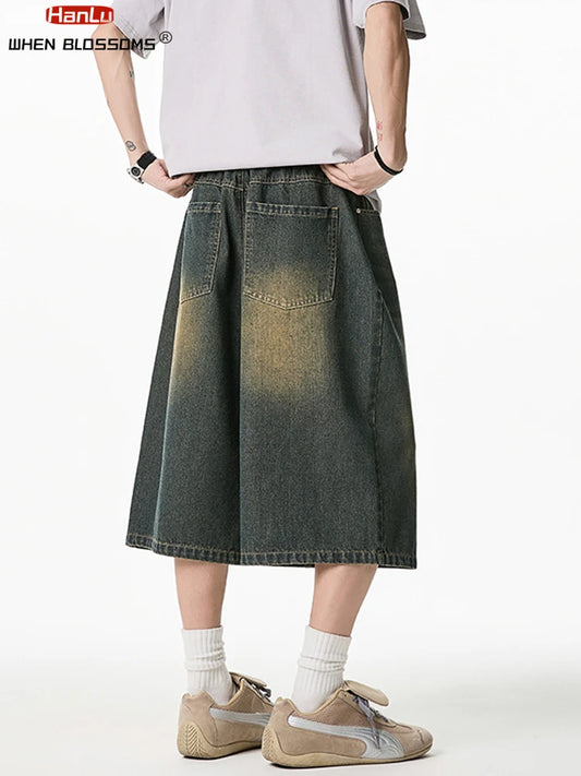 2025 Summer Men's Wide Leg Jeans Shorts Vintage Distressed Wash Y2K Straight Elastic Waist Loose Casual Relaxed Fit