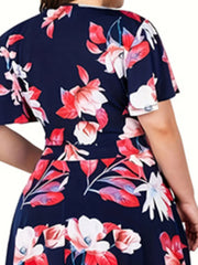 Plus Size Floral Print Cinched Waist Dress, Elegant Short Sleeve Dress
