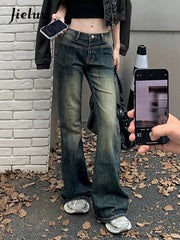 Vintage Blue Washed Slim Y2k Female Jeans High Waist Full Length Casual Chic Pockets