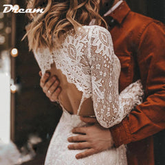 White Bridesmaid Dresses: Long Sleeves Floral Lace V Neck Boho Wedding Dress