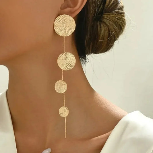 Temperament Fashion Metal Hammering Pattern Geometric Circular Long Tassel Creative Spliced Stud Earrings for Women Jewelry Gift