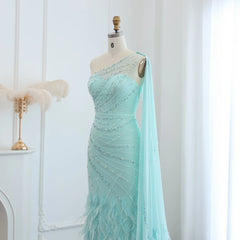 Homecoming Dresses: Turquoise Aqua One Shoulder Mermaid Evening Dress
