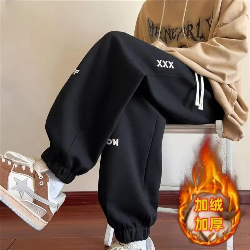 Winter Thickened Fleece Men's Pants Warm Casual Embroidery Letter Fleece Liner Thick