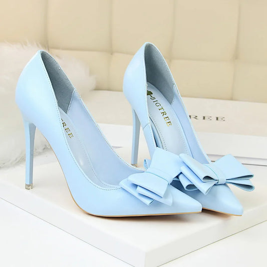 Women Fetish 10.5cm High Heels Blue Yellow Pumps Butterfly Knot Leather Stiletto