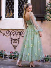 Formal attire Dresses: Prom Dress Women A Line Tea-Length Green Sleeves Gown