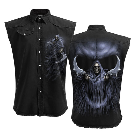 Men's Denim Blouse Retro 3D Skull Graphic Print Sleeveless Shirt Fashion Pocket