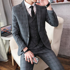 Prom Suits for Men: Men's Fashion Korean Version Slim-fit Plaid Suit Three-piece