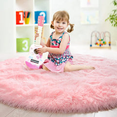 Pink Round Carpet Fluffy Soft Area Rugs for Kids Girls Room Princess Castle Plush Shaggy