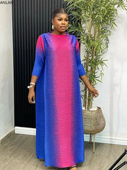 Formal attire Dresses: Maxi Pleated Miyake Dresses Women Color Contrast O-Neck