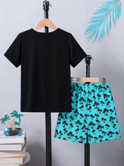 Boys' and children's 2-piece set, fashionable and casual thin breathable printed T-shirt+printed shorts