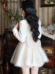 Korean Elegant Mini White Dress Women Vintage Chic Bow Mesh Design