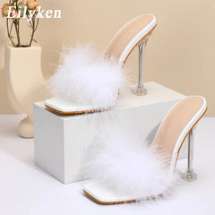 PVC Shoes Slippers Woman Feather Transparent High Heels Fur Pumps