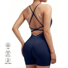 Yoga Criss Cross Backless Cami Sports Romper,Women's Jumpsuits Ribbed One Piece
