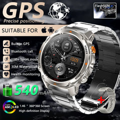 Outdoor Military Smart Watch Men Built-in GPS 1.46" AMOLED Compass Altimeter BT Call 3ATM Waterproof Clock LED Sports Smartwatch