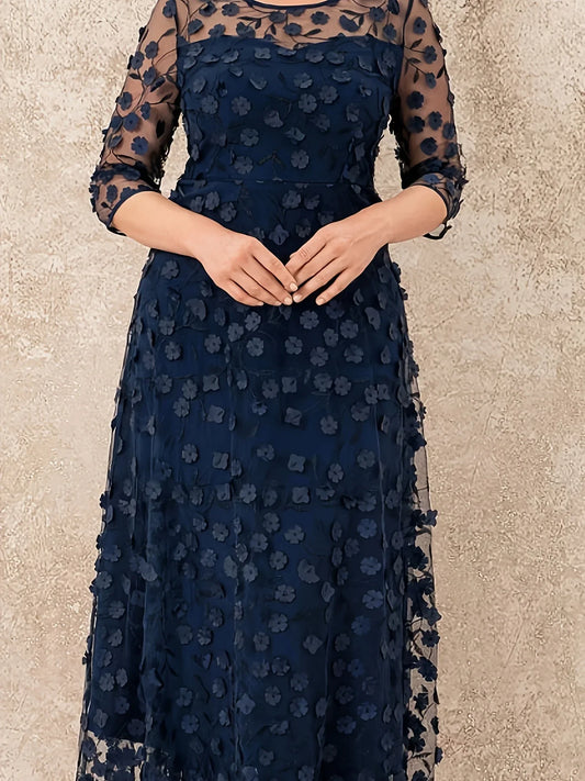 Plus Size Long Dress Embroidery Large Swing Mesh 3D Flower Dress Ladies Elegant