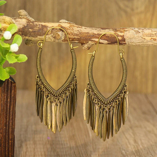 Vintage Bohemian Long Earrings For Women Big Statement Carved Geometric Tassel Boho Tibetan Silver Bronze Color Jewelry Earrings