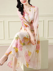 Evening Dresses: Floral Silk V-Neck Bandage Long Dress Women Elegant Casual