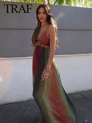 Evening Dresses: Elegant Dress Deep V Neck Spaghetti Strap Tie Dye Printed