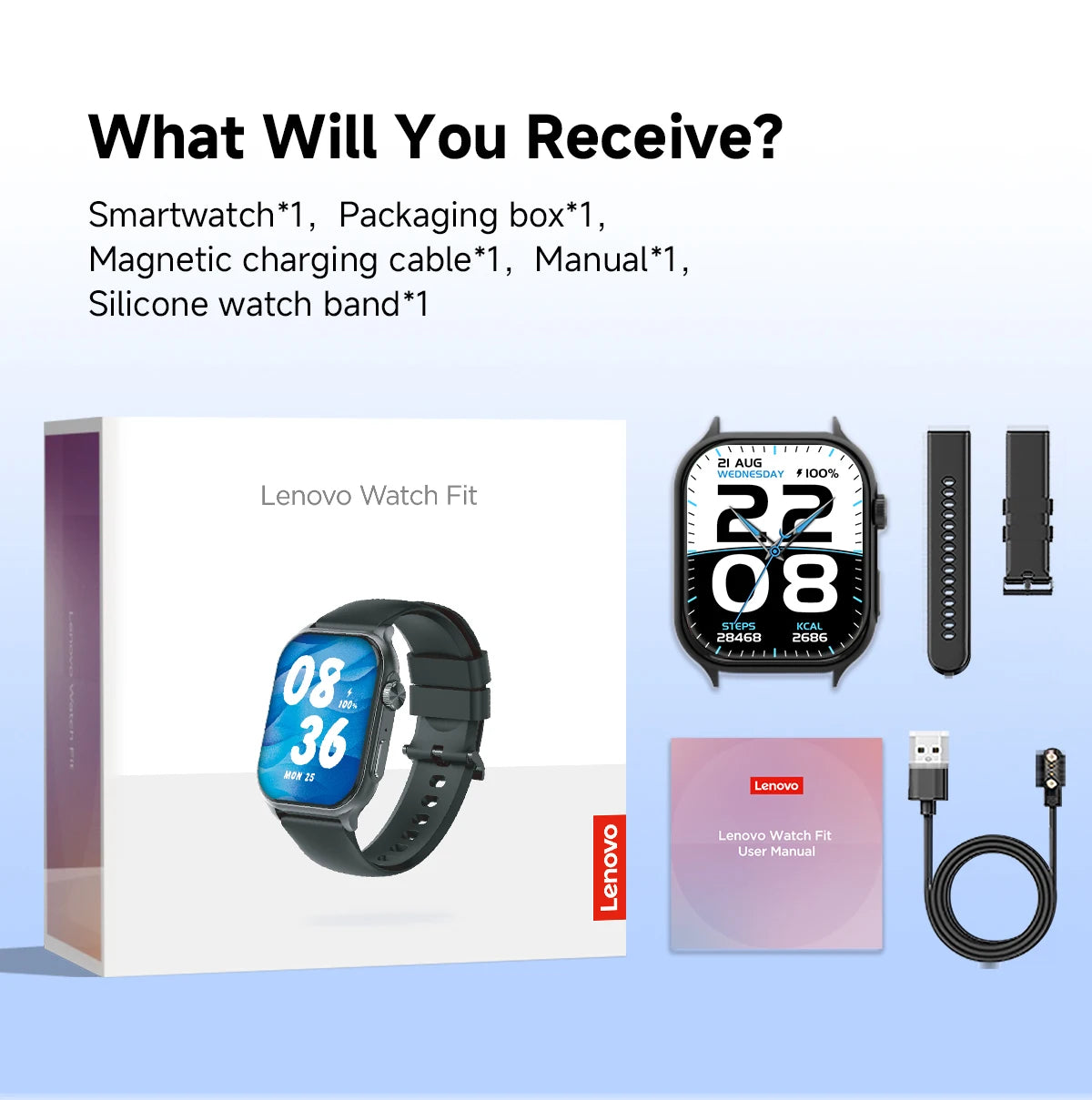 Lenovo 2025New for Android and IOS Smart Watch Fit F101 1.96-inch HD AMOLED Heart Rate Bluetooth Calls SmartWatch Waterproof