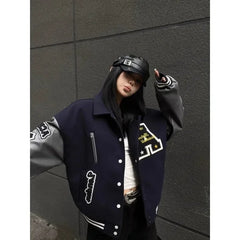 Letter Embroidery Bomber Jacket Men Women Autumn Winter Leather Sleeves