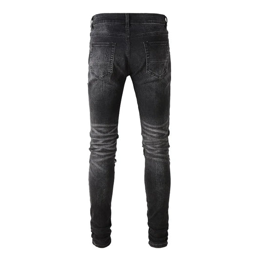 Men Bandanna Paisley Print Patch Jeans Streetwear Patchwork Holes Ripped Biker Pants