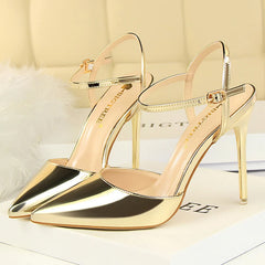 Women 10.5cm High Heels Sandals Lady Metallic Gray Patent Leather Stripper
